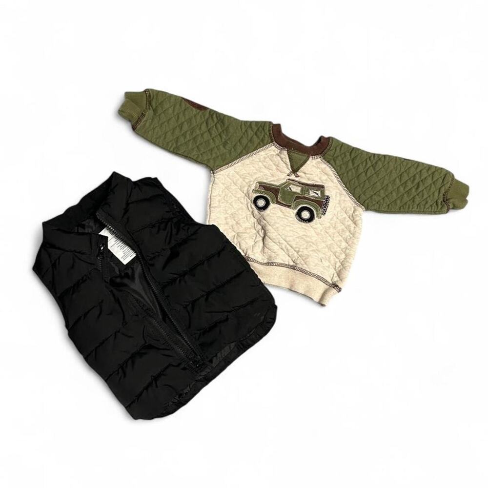 12 month toddler boy clothing bundle w jeep crewneck sweatshirt & puffer vest